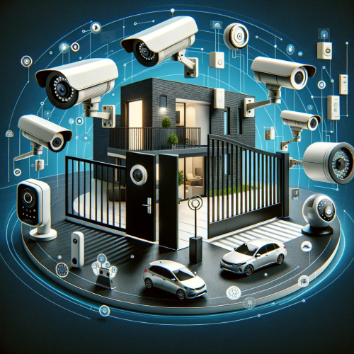 DALL·E 2023-11-23 16.38.39 - Create an image that encapsulates the range of products sold by an electronic security company. The image should include a modern automatic gate, vari